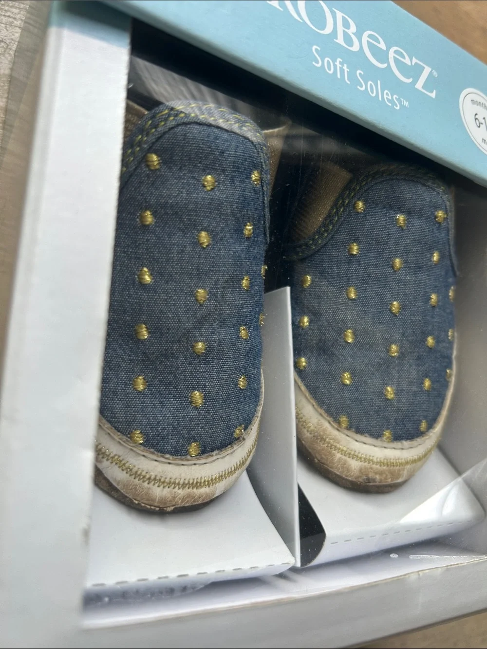Robeez Blue Denim Slip-On Baby Shoes with Gold Dots